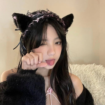 retro cat ears lace handmade hair band 1 piece