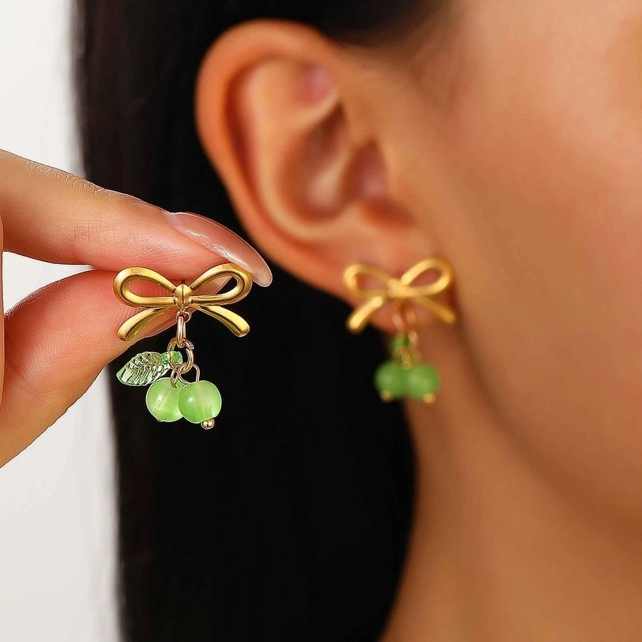 Jewelry Sweet Simple Style Cherry Bow Knot 304 Stainless Steel Rings Earrings