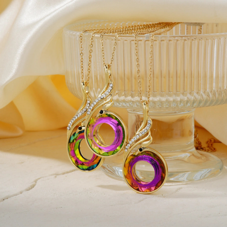 304 Stainless Steel Copper K Gold Plated Inlay Phoenix Round Crystal Zircon Pendant Necklace