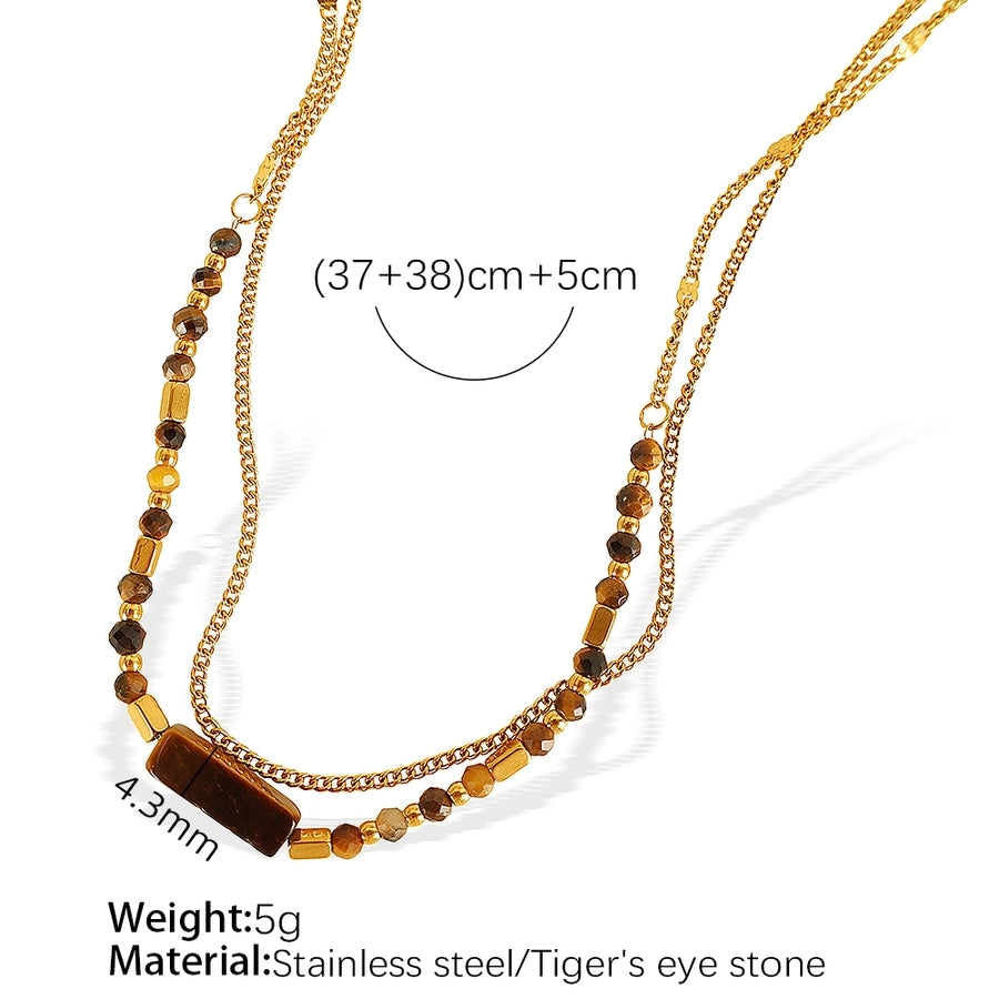Jewelry IG Style Vintage Style Geometric 304 Stainless Steel Tiger Eye 18K Gold Plated Polishing Double Layer Necklaces
