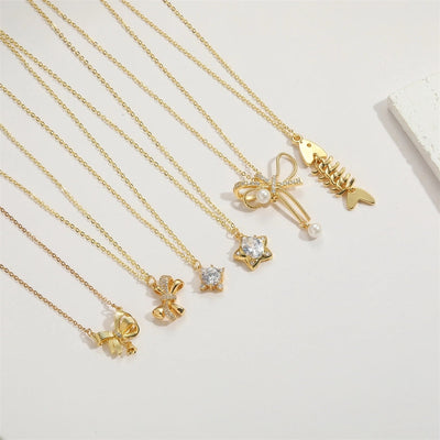 ABS Copper 14K Gold Plated Inlay Star Bow Knot Fish Bone Zircon Pendant Necklace