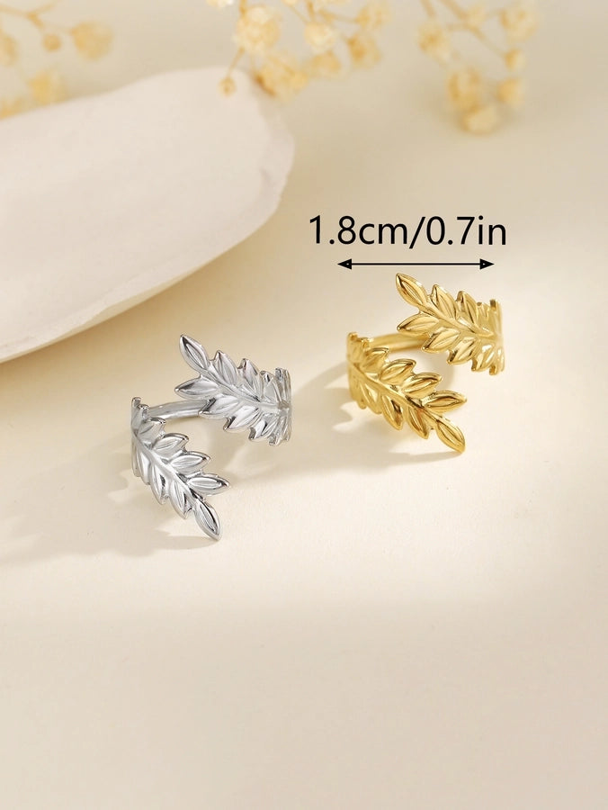 Jewelry Elegant Leaves Feather 304 Stainless Steel Open Rings