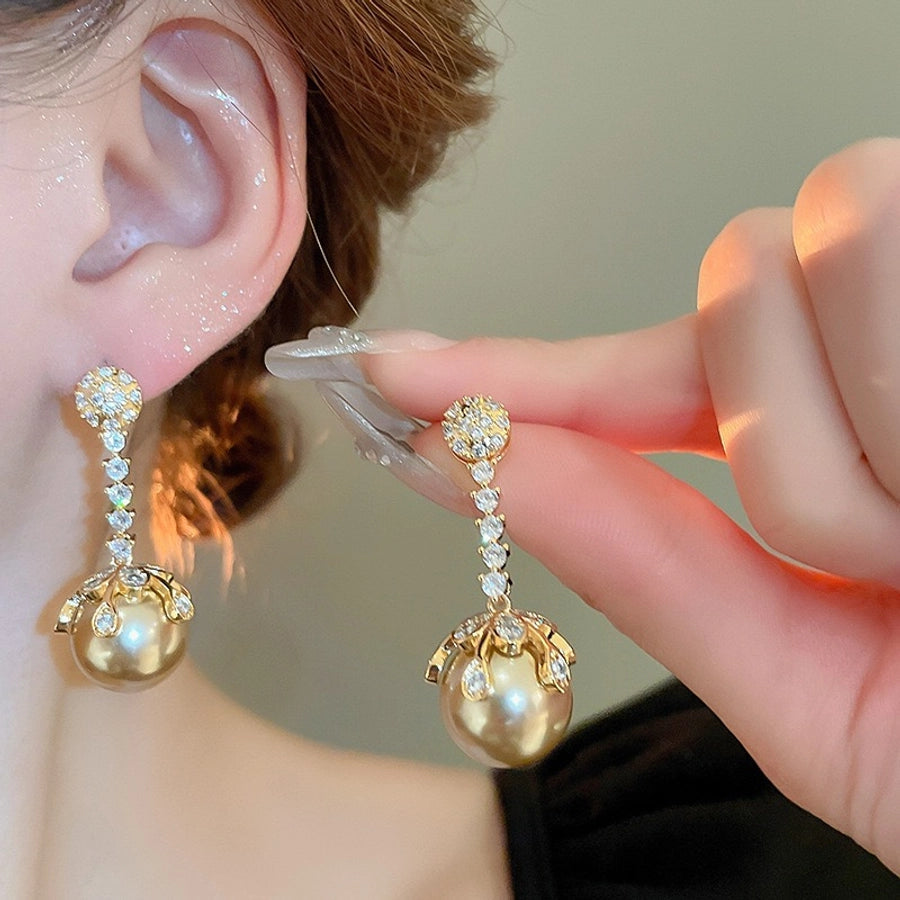 1 Pair Elegant Wedding Commute Round Inlay Alloy Rhinestones Pearl Drop Earrings