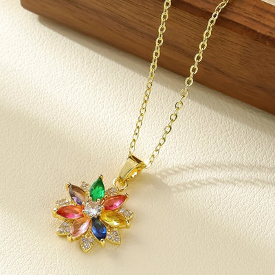 Jewelry Elegant Shiny Flower 304 Stainless Steel Zircon 18K Gold Plated Inlay Pendant Necklace