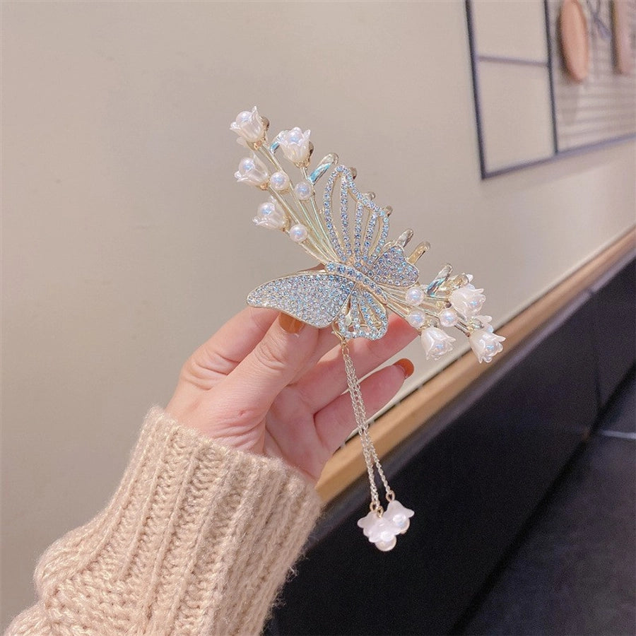 elegant fashion tassel butterfly alloy butterfly artificial gemstones artificial pearls hair clip