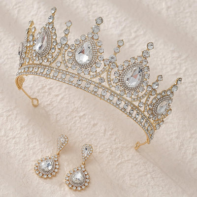 retro water droplets alloy hollow out inlay rhinestones crown earrings