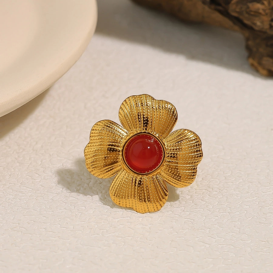 Jewelry Elegant Retro French Style Flower 304 Stainless Steel Natural Stone 18K Gold Plated Inlay Open Rings