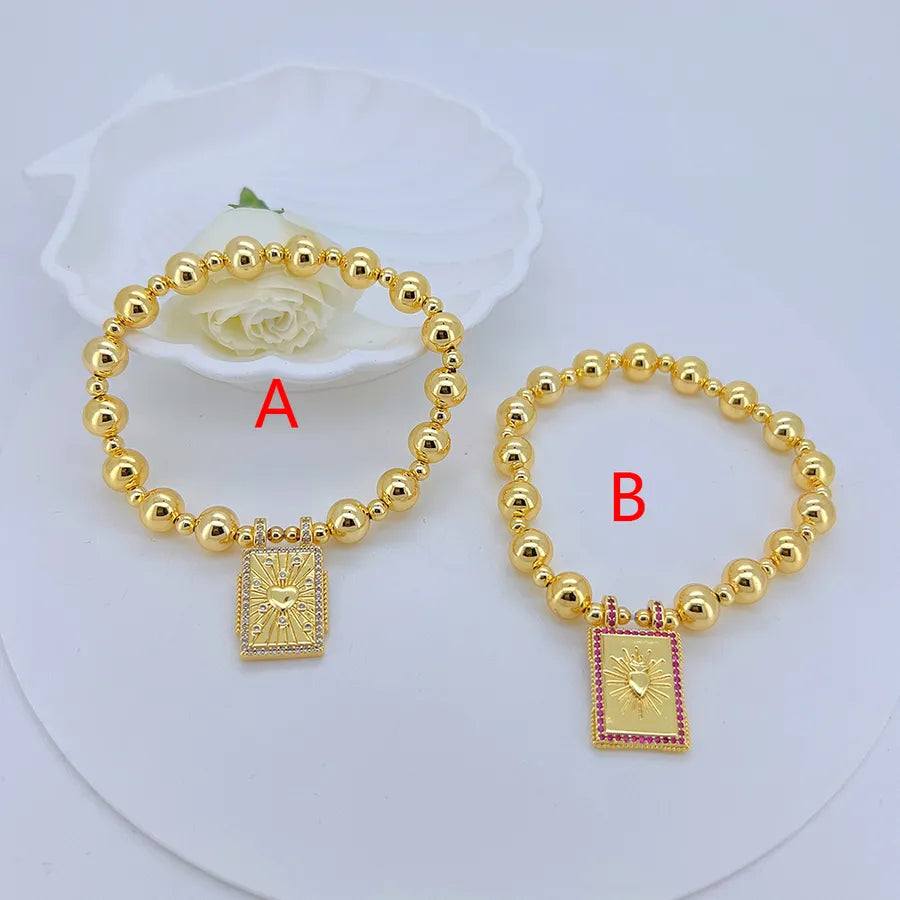 Wholesale Jewelry Casual Vacation Red Heart Lines Copper Zircon 18K Gold Plated Polishing Plating Bracelets Beaded Chain