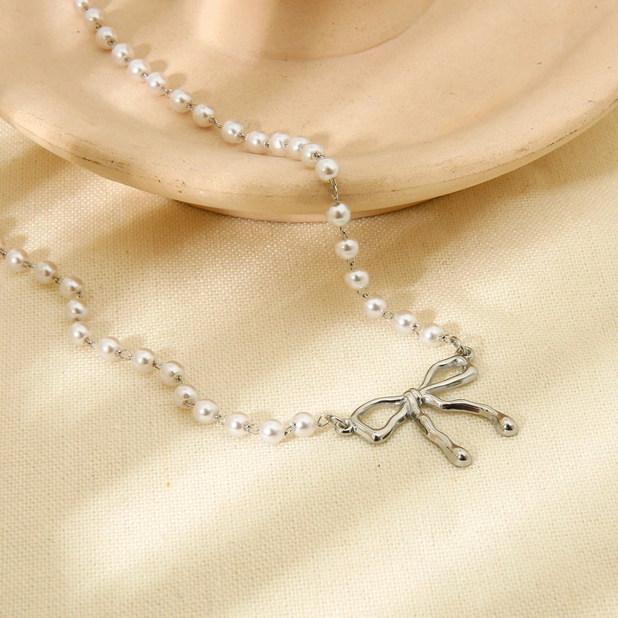 Jewelry IG Style Sweet Bow Knot 304 Stainless Steel Beaded Pearl Pendant Necklace