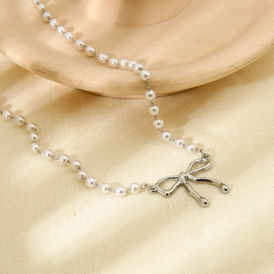 Jewelry IG Style Sweet Bow Knot 304 Stainless Steel Beaded Pearl Pendant Necklace
