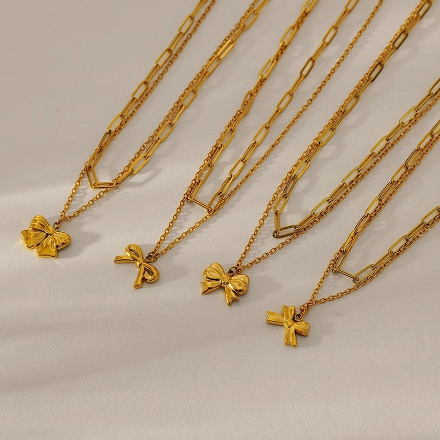 Jewelry IG Style Sweet Bow Knot 304 Stainless Steel Zircon Hollow Out Inlay Double Layer Necklaces