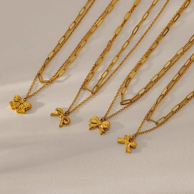 Jewelry IG Style Sweet Bow Knot 304 Stainless Steel Zircon Hollow Out Inlay Double Layer Necklaces