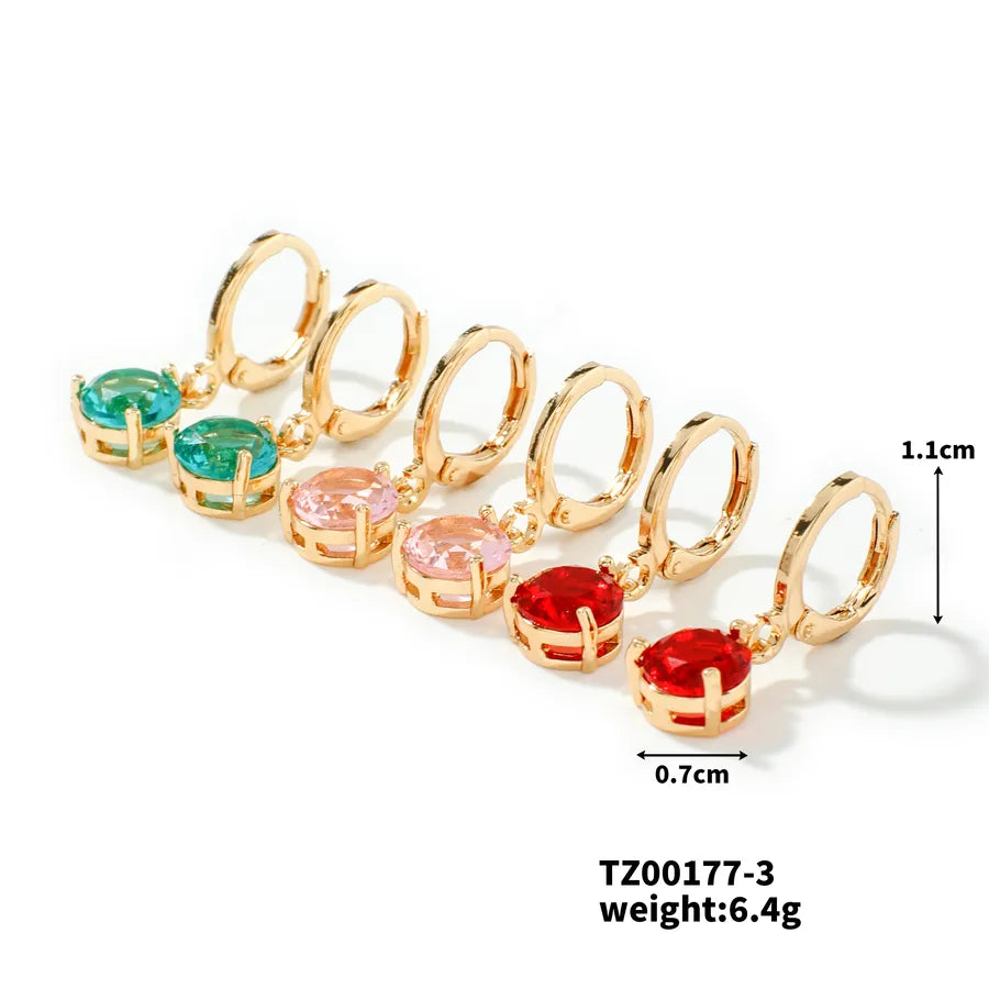 1 Set 1 Pair Elegant Round Inlay Copper Zircon K Gold Plated Drop Earrings