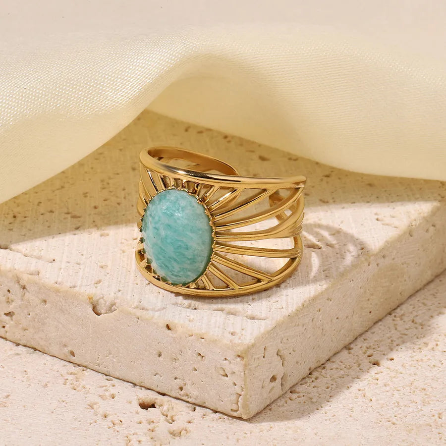 Wholesale Jewelry Retro French Style Oval Titanium Steel Natural Stone 14K Gold Plated Plating Inlay Open Rings