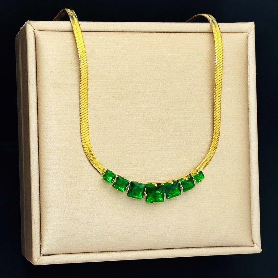 Jewelry Elegant Shiny Square 304 Stainless Steel Zircon Gold Plated Inlay Necklace