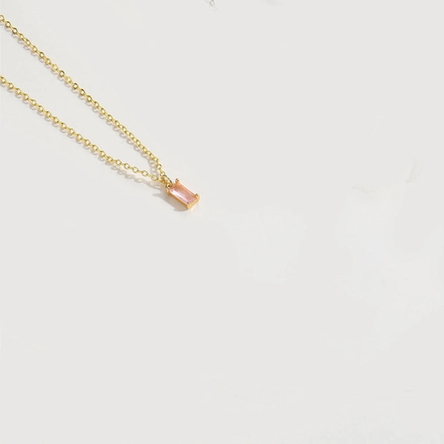 Copper 14K Gold Plated Inlay Rectangle Zircon Pendant Necklace