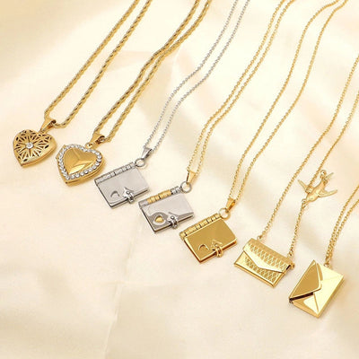 Jewelry IG Style envelope Heart Shape Titanium Steel Zircon Gold Plated Inlay Pendant Necklace