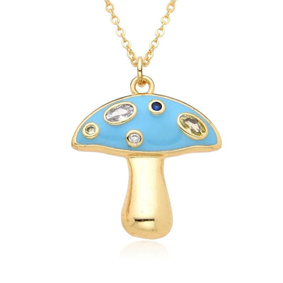 Copper Inlay Mushroom Zircon Pendant Necklace