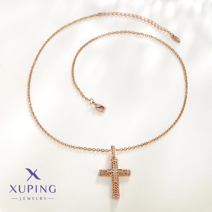 Copper 18K Gold Plated Plating Hollow Out Inlay Cross Zircon Pendant Necklace
