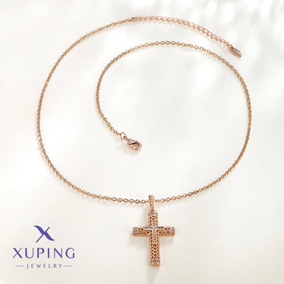 Copper 18K Gold Plated Plating Hollow Out Inlay Cross Zircon Pendant Necklace