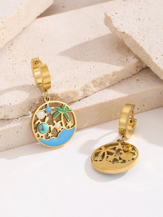 1 Pair Hawaiian IG Style Tree Ocean Painted Hollow Out Inlay Titanium Steel Artificial Pearls Turquoise 18K Gold Plated Drop Earrings