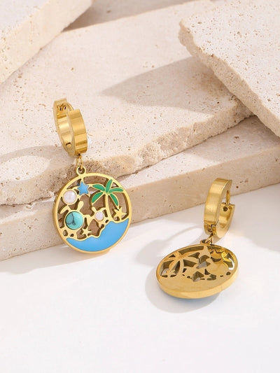 1 Pair Hawaiian IG Style Tree Ocean Painted Hollow Out Inlay Titanium Steel Artificial Pearls Turquoise 18K Gold Plated Drop Earrings