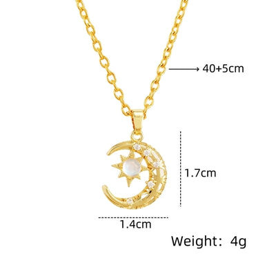 201 Stainless Steel Copper Gold Plated Plating Inlay Moon Resin Zircon Pendant Necklace