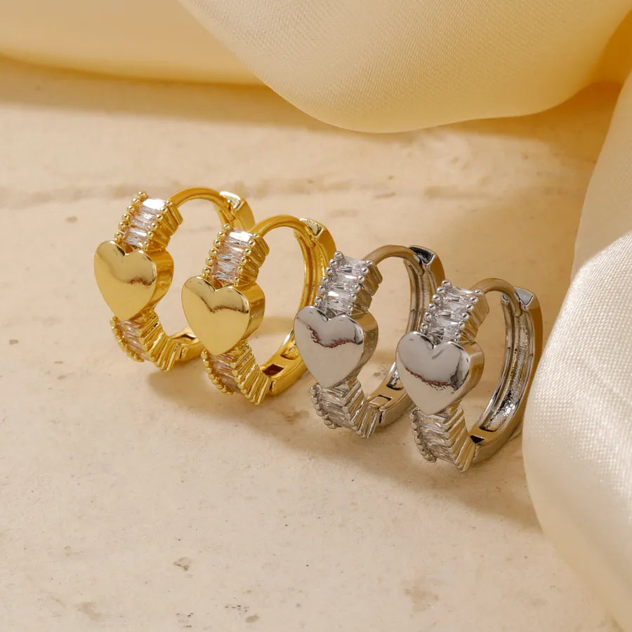 1 Pair Shiny Heart Shape Plating Copper Zircon K Gold Plated Rhodium Plated Earrings
