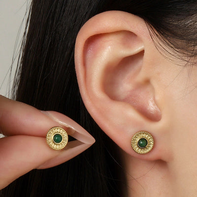 One Pack and Two Pairs Retro French Style Geometric Plating Titanium Steel Natural Stone 14K Gold Plated Ear Studs