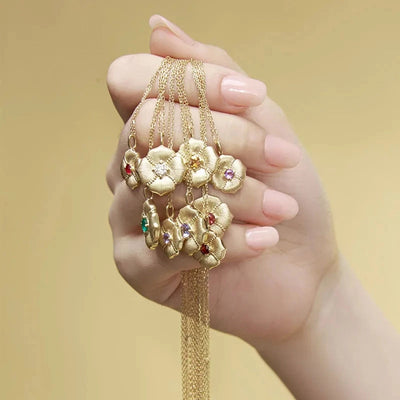 Alloy Copper Inlay Flower Birthstone Pendant Necklace