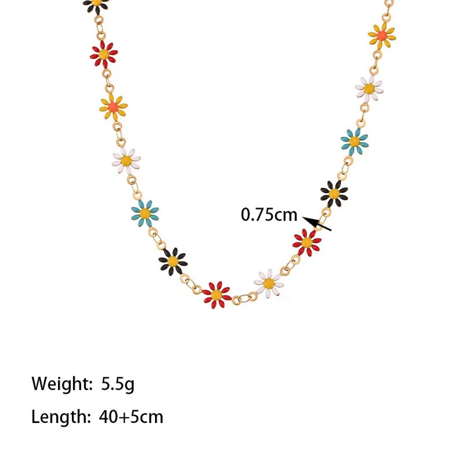 Jewelry Basic Streetwear Daisy Titanium Steel Zircon 18K Gold Plated Enamel Inlay Jewelry Set