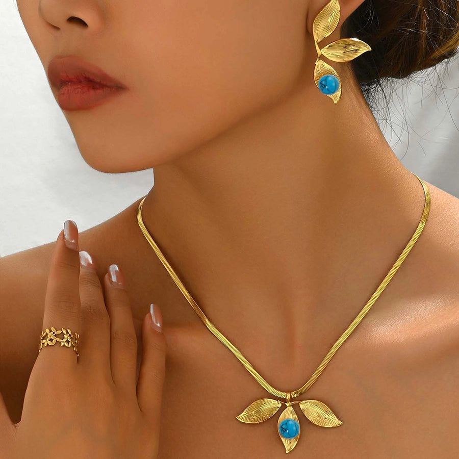 Jewelry Elegant French Style Sweet Leaf Ball 201 Stainless Steel 18K Gold Plated Stainless Steel Jewelry Sets