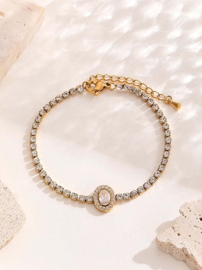 Elegant Lady Streetwear Oval Heart Shape Titanium Steel 18K Gold Plated Artificial Crystal Bracelets In Bulk
