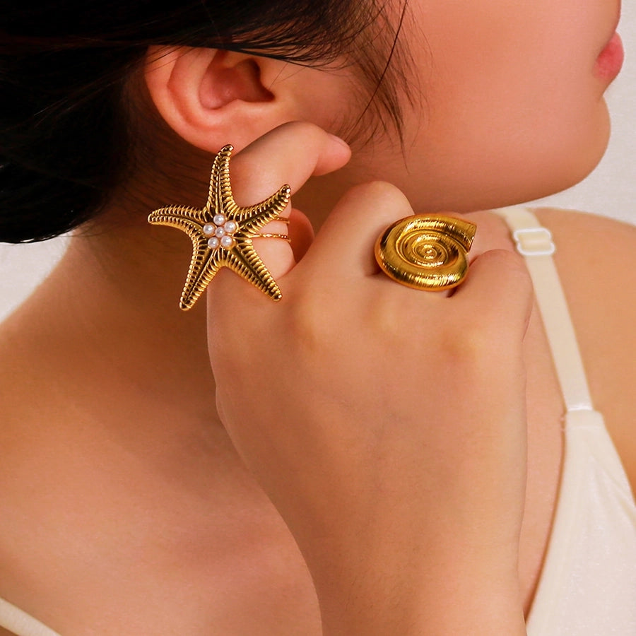 Jewelry IG Style Simple Style Commute Starfish Conch 304 Stainless Steel Artificial Pearls 18K Gold Plated Inlay Open Rings