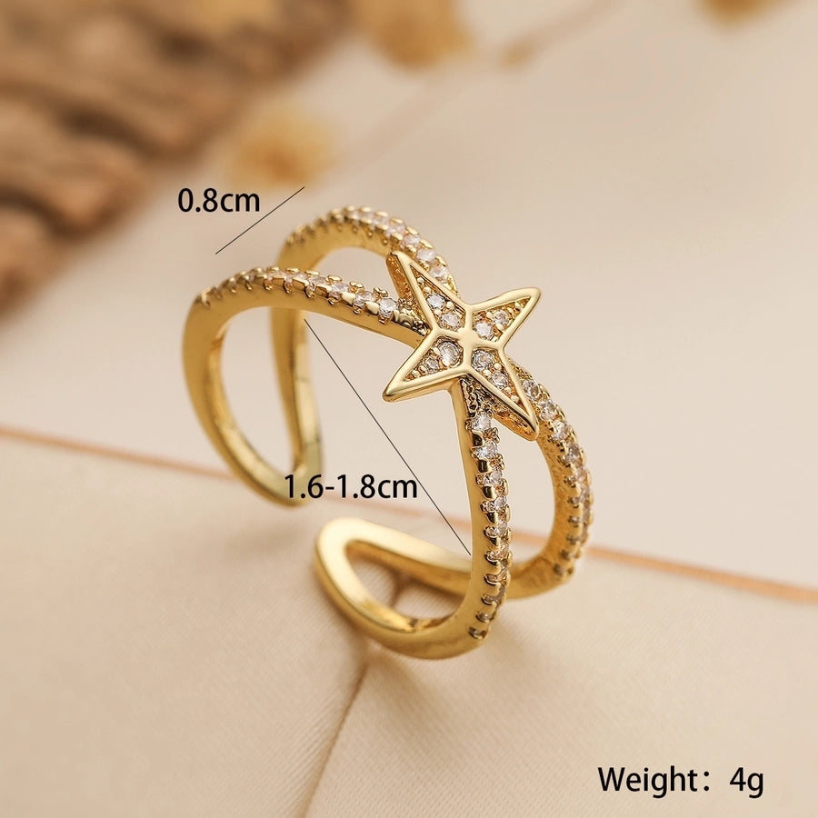 Copper Plating Inlay Geometric Star Heart Shape Zircon Open Rings