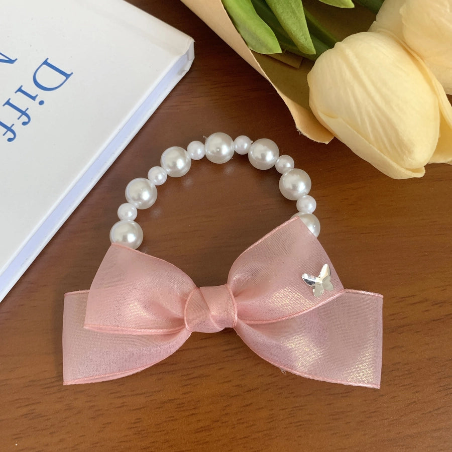 Women's Korean Style IG Style Bow Knot Imitation Pearl Gauze Beaded Hair Tie