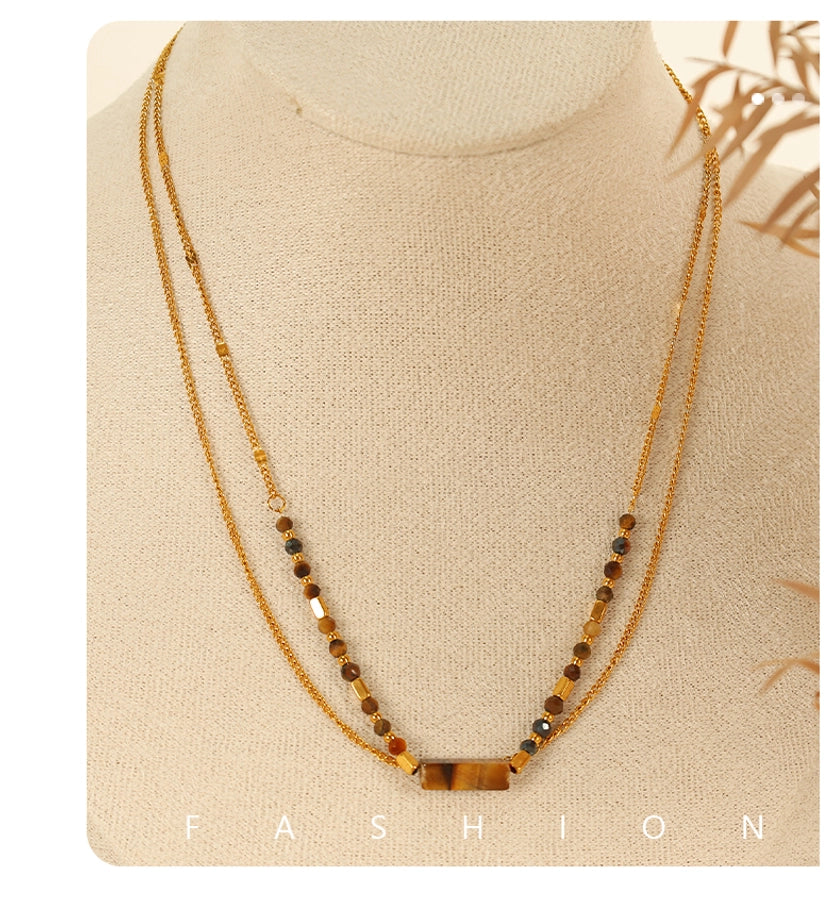 Jewelry IG Style Vintage Style Geometric 304 Stainless Steel Tiger Eye 18K Gold Plated Polishing Double Layer Necklaces