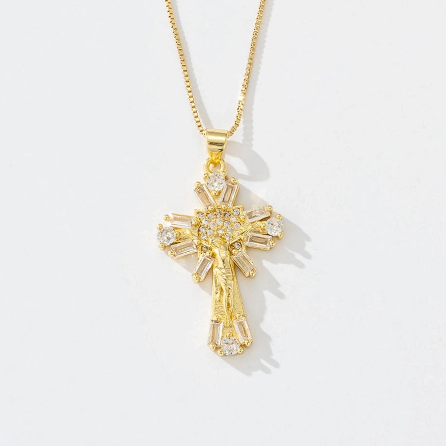 Copper box chain 18K Gold Plated Inlay Carving Cross Zircon Pendant Necklace