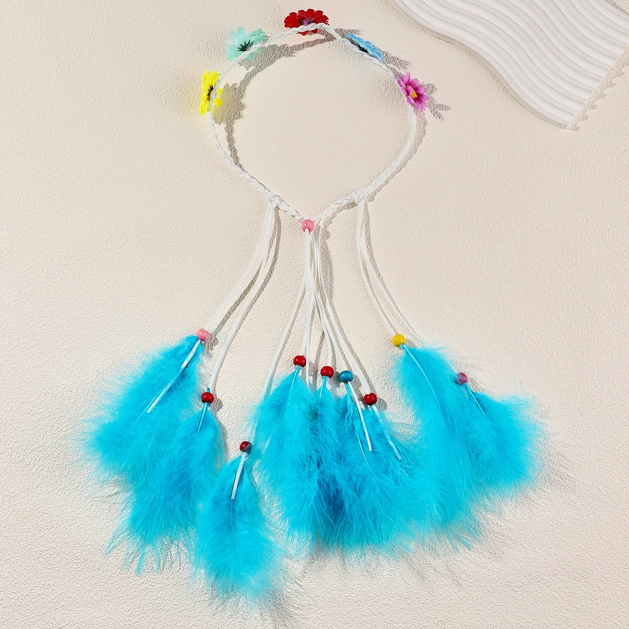 Women's Vacation Bohemian Pastoral Feather Flower Artificial Feather rope Hair Band