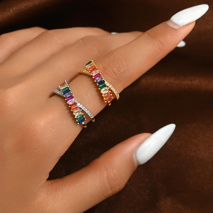 Copper 18K Gold Plated Irregular Inlay Geometric Zircon Open Rings