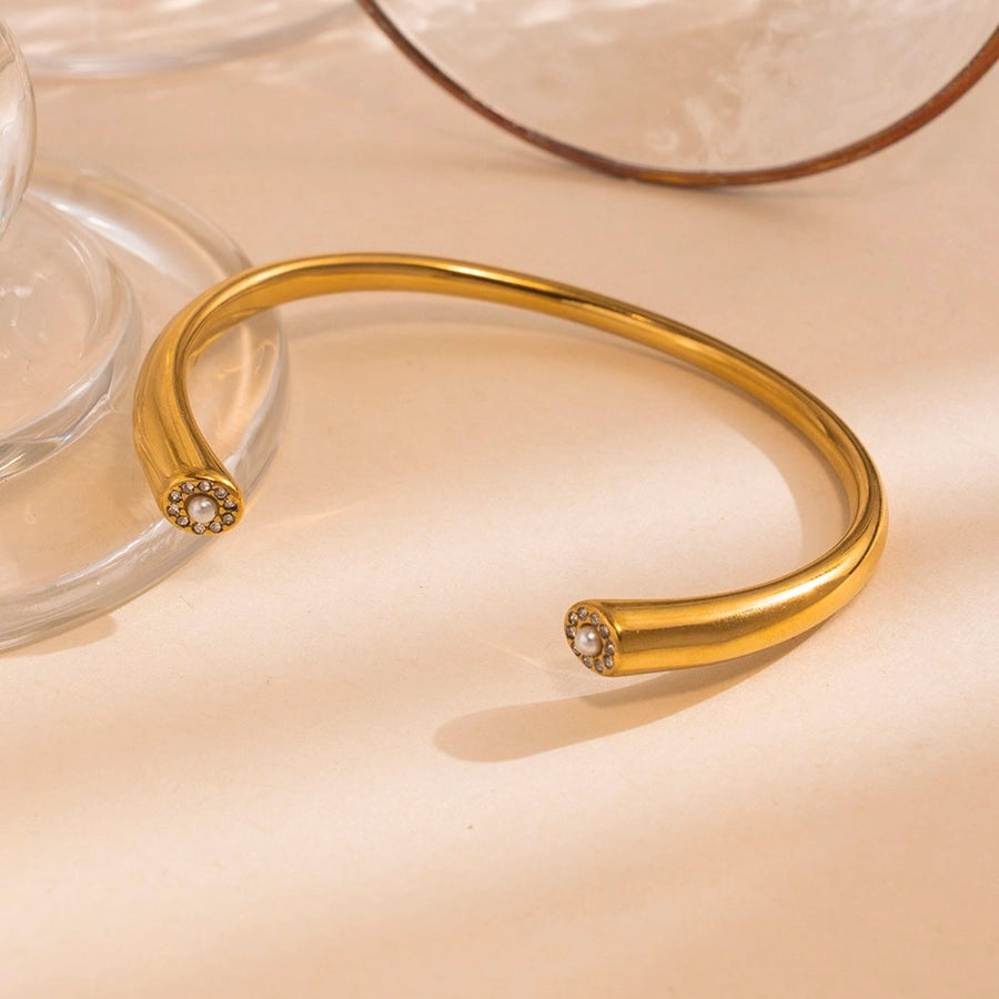 Romantic Simple Style C Shape 304 Stainless Steel Artificial Pearls Zircon Bangle In Bulk