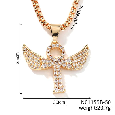 Hip-Hop Rock Shiny Cross Wings 304 Stainless Steel Copper Zircon K Gold Plated Rhodium Plated Unisex Pendant Necklace