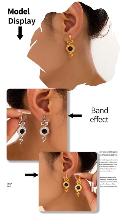 1 Pair Retro British Style Round Snake Plating Inlay 304 Stainless Steel Natural Stone Agate 18K Gold Plated Ear Studs