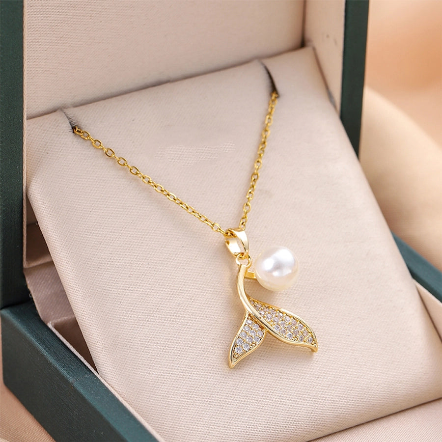 Jewelry Cute IG Style Fish Tail Titanium Steel Brass Pearl Zircon 18K Gold Plated Inlay Pendant Necklace