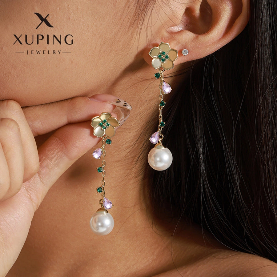 1 Pair Elegant Sweet Flower Plating Copper Artificial Gemstones Beads 18K Gold Plated Drop Earrings