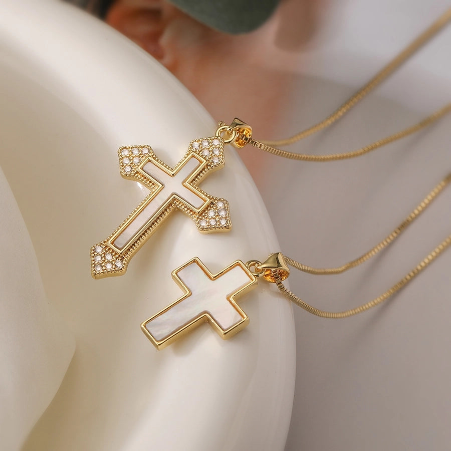 Jewelry Retro Simple Style Cross Copper Shell Zircon Pendant Necklace