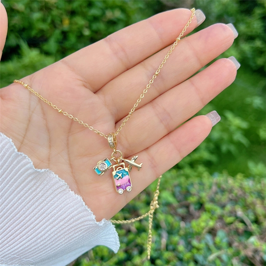 Copper 18K Gold Plated Inlay Sunflower Heart Shape Airplane Zircon Pendant Necklace