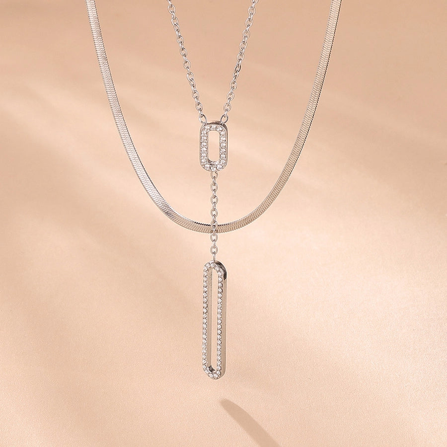 Jewelry Elegant Luxurious Vacation Rectangle Titanium Steel 18K Gold Plated Rhinestone Necklace