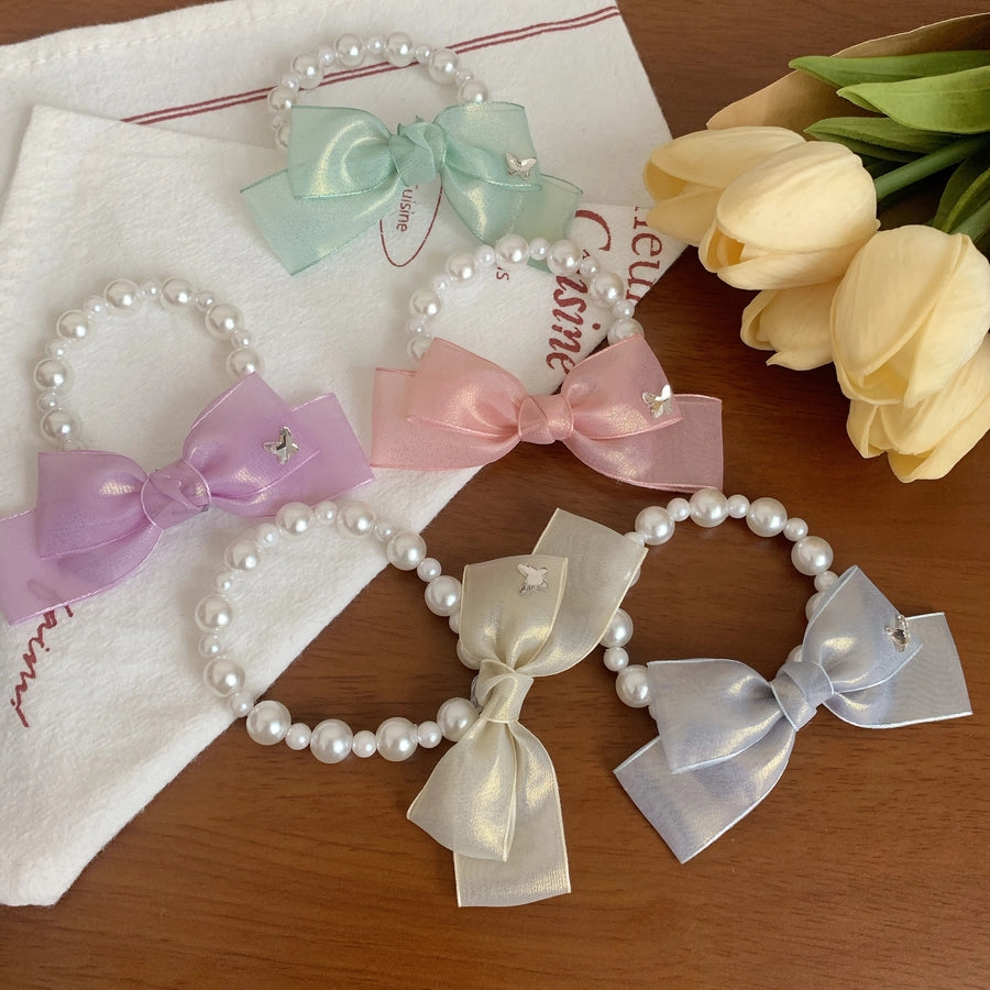 Women's Korean Style IG Style Bow Knot Imitation Pearl Gauze Beaded Hair Tie