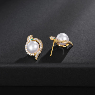 1 Pair Elegant Luxurious Shiny Snake Inlay Copper Artificial Pearls Zircon 18K Gold Plated White Gold Plated Ear Studs